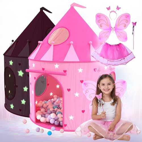Playz Princess Castle Pop Up Tent & Dress Up Set – Kids Pink Playhouse Tent for Girls with Glow in The Dark Stars, Foldable Indoor Outdoor Toddler or Baby Girl Tent with Carrying Case