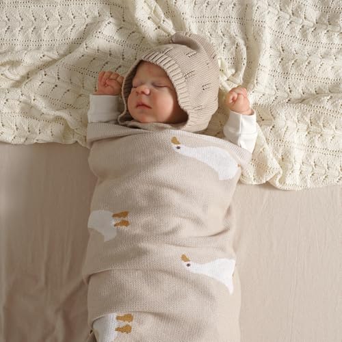Image of mimixiong Baby Blanket Knit Receiving Boys Girls Blanket Soft Cotton Neutral Blanke for Swaddle Crib Stroller with Cute Sheep (Goose-Beige, 30x40 Inch (Pack of 1))