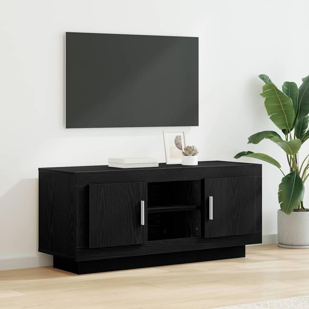 Hothingwell TV-Möbel Eiche, Schwarz, 102 x 35 x 45 cm, Holz, Ingenieurwesen | Mit Regalböden, Scharniertüren, rustikalem Design, Wohnzimmeraufbewahrung, feuchter Tuch