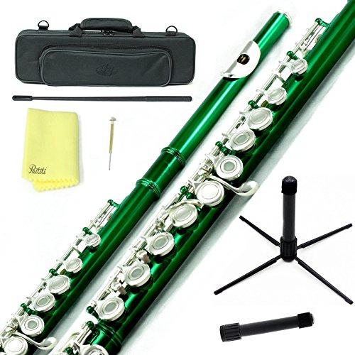 Sky C Flute with Lightweight Case, Cleaning Rod, Cloth, Joint Grease and Screw Driver - Green/Silver Open Hole