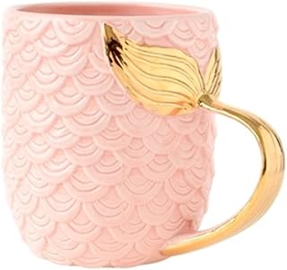 ZaH 15 oz Mermaid Mug Ceramic Coffee Mugs Big Cute Cups Cappuccino Teacup Birthday Bridal Shower Engagement Wedding Gifts Soup Mug for Men Women Kids Girls Boys (Gold Handle Pink Mermaid Tail)