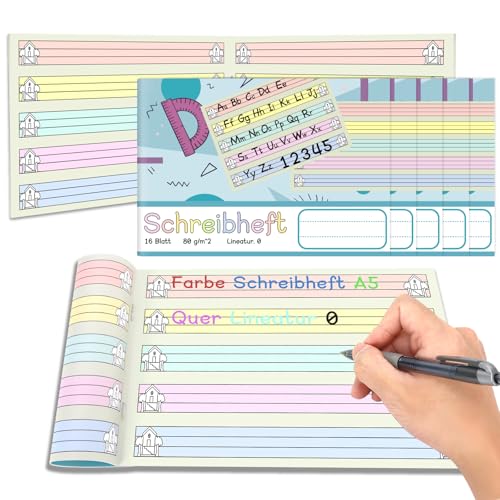 jiawaggag 5 Stück Farbe Schreibheft A5 Quer Lineatur 0 für 1. Schuljahr Lernheft Schreiblernheft Notizbuch für Die Schule und Zum Lernen 80 g/qm