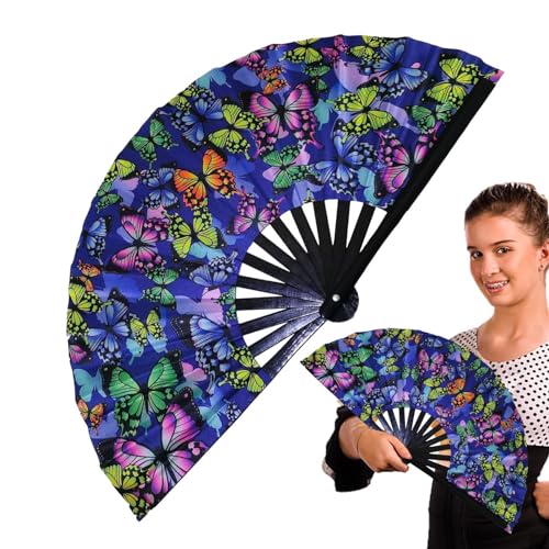 Abanico plegable de mano - Ventilador plegable fluorescente de tela Oxford, abanico colorido para bailes, actuaciones escénicas, bodas, iglesias