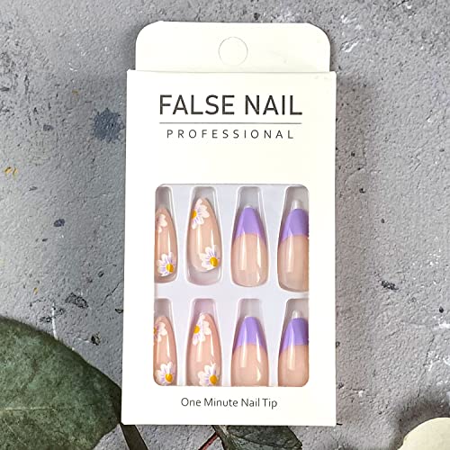 24Pcs Press On Nail Almond Fake Nail French Nail Tips Stick On Nails With Glue Coffin Fake Nails With Purple Daisy Design Full Cover False Nails For Nail Salon Decorations #TOP1