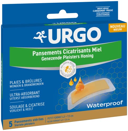 Urgo - Apósitos Cicatrizantes con Miel - Quemaduras y Heridas Superficiales - talla única, Caja con 5 Apósitos Estériles
