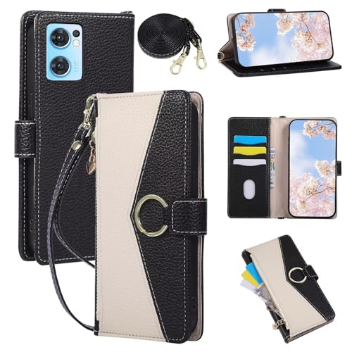 Funda Libro para OPPO Realme 9i/A36/A76/A96 4G con Cuerda, Cartera Mujer con 6 Ranuras para Tarjetas, Monedero Cremallera, Cierre Magnético, Soporte Plegable, Negro