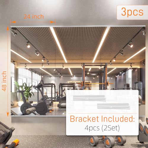 Image of pertetey 48 x 24 in Home Gym Mirrors, Frameless, 3-Pack | Tempered Glass, Full Body View, Wall Mounted for Yoga, Exercise, Dance Studio