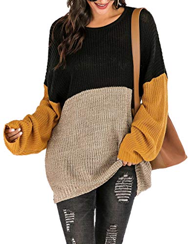 MUMUBREAL Women's Oversized Sweaters Color Block Drop Shoulder Batwing Sleeve Long Pullover Sweater Dress (Black Brown, S)