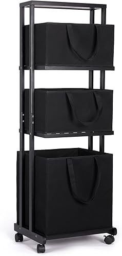 Cesta de lavandería Homde de 3 niveles con estante de almacenamiento de bambú con ruedas, cesta de almacenamiento removible con asa, organizador de