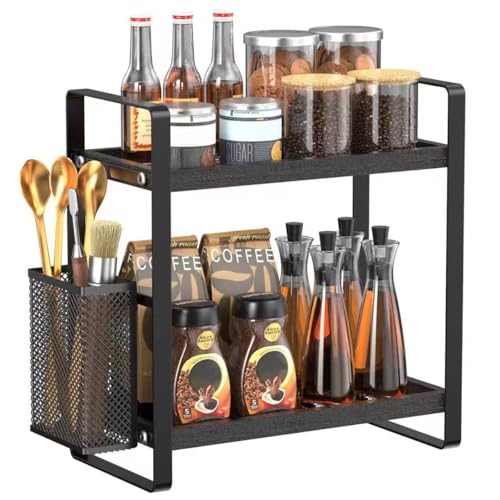 LEMIKKLE Gewürzregal Stehend, 2 Etagen Gewürzdosen Küchenregal, Kaffeebar-Zubehör und Kaffeetassenhalter