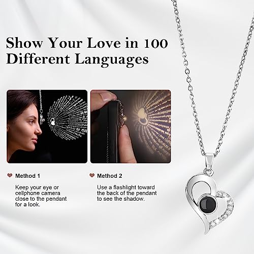 Emibele I Love You in 100 Languages Necklace, Gold Plated Heart Pendant Necklace, Romantic Dainty Silver Necklace Jewelry for Women Mother Girlfriend Wife, Silver - Afbeelding 6
