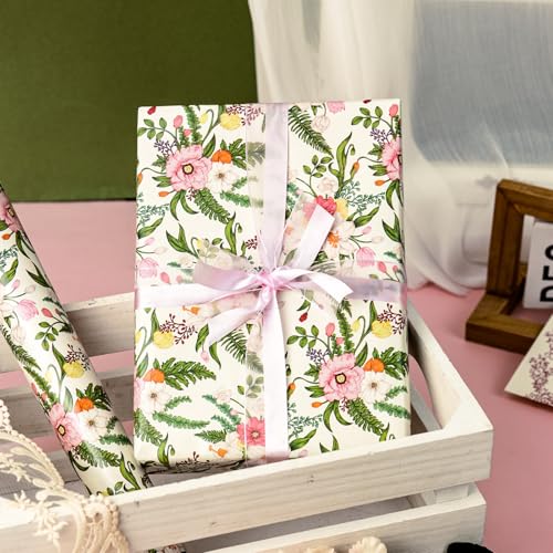 Wikadlik Geschenkpapier für Hochzeit, Blumenmuster, 43 cm x 10 m, romantisches rosa weiße Blumen und kariertes Geschenkpapier für Muttertag, Geburtstag, Babyparty, Valentinstag