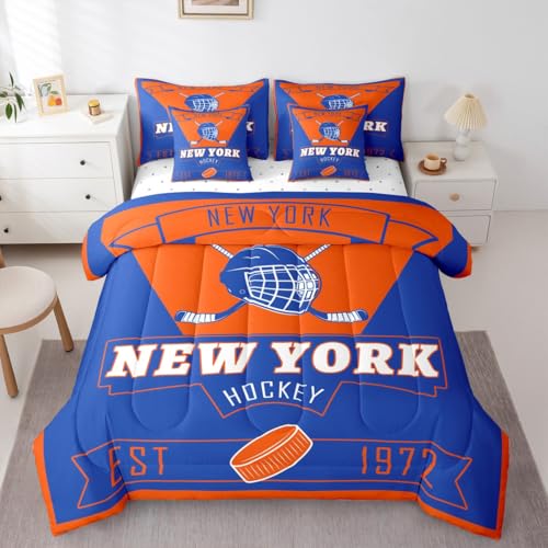 Feelyou Ice Hockey Twin Comforter Set with Sheets for Kids Boys Girls New York 7 Pieces Bedding Set Ice Hockey City Team Bed in a Bag Winter Sports Room Decor Soft Lightweight Microfiber