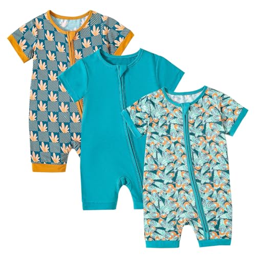 OPAWO Baby Girl Pajamas 3 Pack 2 Way Zipper Sleepers Baby Girl Girl Romper Toddler Summer Clothes Outfits 0-24M(Flower/Leaf/Lake Blue 0-3 Months)
