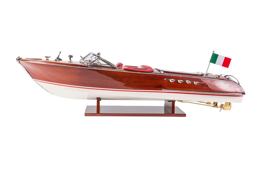 Riva Aquarama-Modellboot-Dekoration, 68,6 cm (rot/weiße Ledersitze), komplett montiertes Holzmodellschiff – Spielzeugboot-Dekor aus Holz – Riva-Boot-Modell-Display – Holzdekor