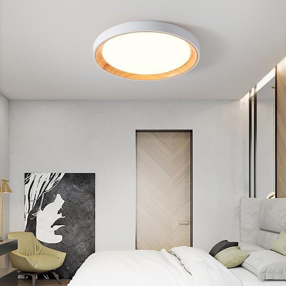 LYMSXAZOU Semi Flush Mount Ceiling Light Dimmable Modern LED White Wood Grain Fixture Circle Lighting with Acrylic Lampshade for Bedroom Living Room Laundry Hallway
