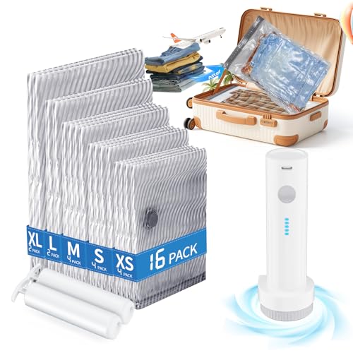 16 PCS Vacuum Seal Bags for Clothing with Electric Air Pump, Compression Space Saver, Vacuum Storage Bags for Luggage, Travel, Blankets, Pillows, Bedding and Moving, Hand Pump Included