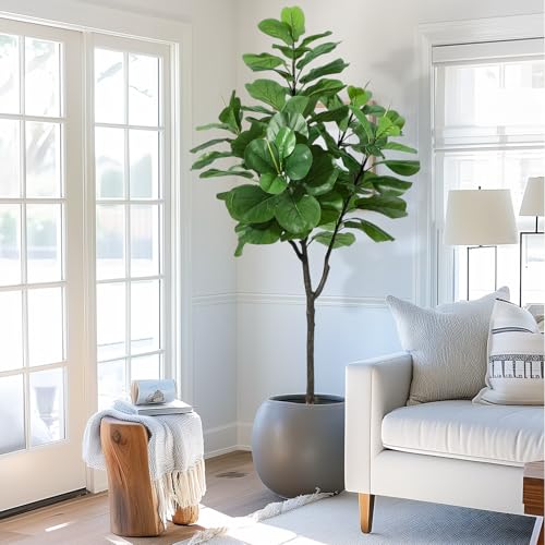 Artificial Fiddle Leaf Fig Tree 6 ft(72 in) Tall Faux Silk Ficus Trees for Home Office Living Room Decor Indoor Fake Potted Tree with Natural Dry Grass and Lifelike Ficus Leaf