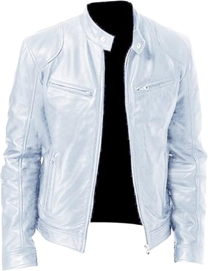Maiyifu-GJ Men's Faux Leather Jacket Stand Collar Motorcycle Leather Jackets Casual Lightweight Zip Up Biker Coat (White,3X-Large)