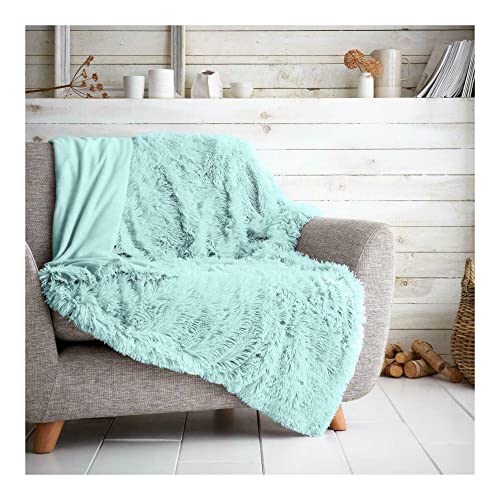 FAIRWAYUK Fluffy Faux Fur Throw 150x200 cm, Premium Longhair Warm Cosy Fluffy Blanket for Bed, Ultra Soft Comfort Fleece Throws for the Sofa, Bed, Chair, Settee, Couch, Duck Egg