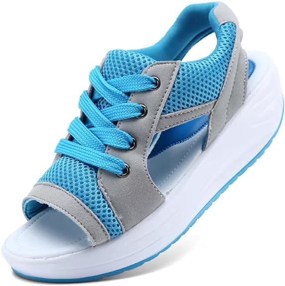 Generic Open Toe Tennis Shoes, Contrast Paneled Cutout Lace-Up Muffin Sandals, Women Causal Summer Toe Platform Sneaker Sandals, 10.5 Wide, Blue