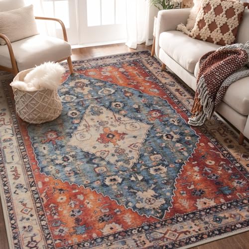 SERISSA Bedroom Rug 4x6 Boho Tribal Rug, Vintage Washable Area Rugs Non Slip, Ultra Soft Print Distressed Low-Pile Throw Carpet for Bedroom Nursery Dorm Kitchen Living Room Decor