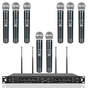 Phenyx Pro Wireless Microphone System, 8-Channel Wireless Mic, w/ 8 Handheld Dynamic Microphones, Auto Scan,8×40 UHF Frequencies, 328ft Range, Microphone for Singing,Church, Karaoke(PTU-6000-8H)