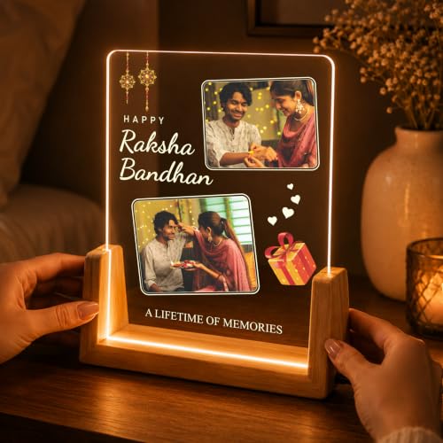 Image of Giftplease Personalized Raksha Bandhan LED Acrylic Photo Frame with Custom Pictures, Brother Sister Memory Lamp, Wooden USB Table Decor, Rakhi, Rakshabandhan, Festival Keepsake, Engraved Name Quote Display Plaque