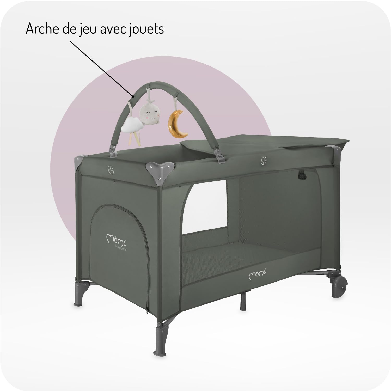 Momi Lit de Voyage BELOVE Plus 2 en 1, Pliable, 2 Niveaux de Couchage pour bébés Jusqu’à 9 kg et Enfants Jusqu’à 15 kg, avec Matelas, Barre de Jeu, Matelas à Langer et Sac de Transport