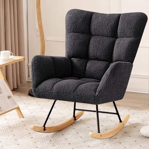 Image of Furniliving Sherpa Rocking Chair Nursery, Comfy Upholstered Glider Rocking Armchair with High Backrest and Suitable Armrest, Rocker Glider Chair Soft Side Chair for Bedroom, Home Office(Black)