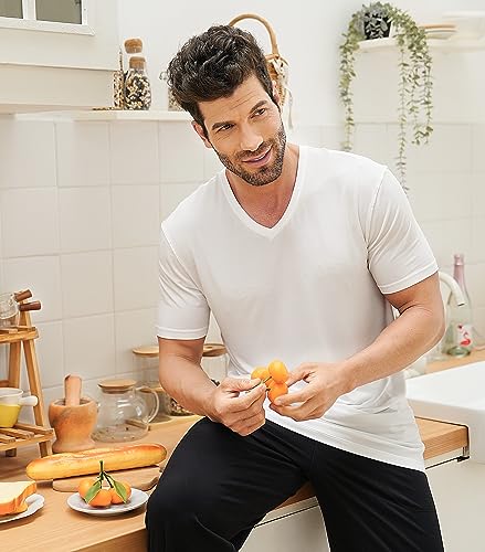 David Archy Men's Undershirt Bamboo Rayon Moisture-Wicking White T-Shirts Stretch V-Neck Tees For Men, 3-Pack (L, White) #TOP4