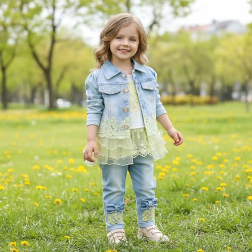 Image of Yao Baby Girls Denim Clothing Sets 3 Pieces Sets T Shirt Denim Jacket and Jeans