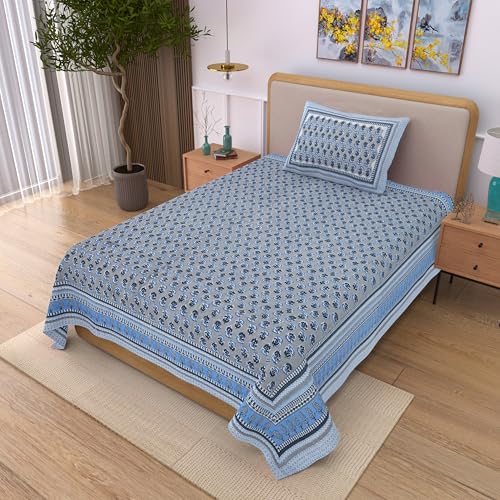 Image of 100% Cotton Single Bedsheet with 1 Pillow Cover | 240 TC Pure Cotton Flat Bed Sheet | Traditional Jaipuri Printed Bedding Set | Soft & Breathable | 60 x 90 Inch (Rangmahal Single 17)