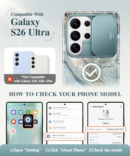 Image of GVIEWIN for Samsung Galaxy S26 Ultra Case, [Slide Camera Cover & Built-in HD Screen Protector] [2 Front Frames] Shockproof Military Grade Protective Marble Phone Case for S26 Ultra 6.9 inch (Ocean Tide)