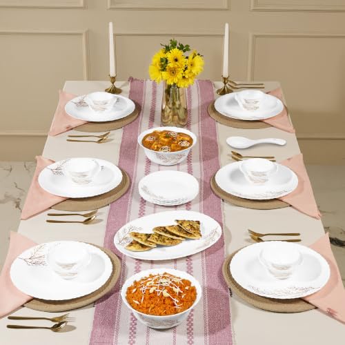 Image of Treo by Milton Opalware Aurelia Silvia Dinner Set of 33 | Serving for 6 | Microwave & Dishwasher Safe | Bone-Ash Free | Tempered Toughness | Plates, Bowls, Spoons | Crockery Set for Dining & Gifting
