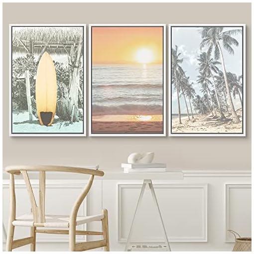 SIGNWIN Framed Canvas Print Wall Art Set Vintage Palm Tree Beach View Sailboat Ocean Nature Wilderness Photography Modern Art Landscape Relax/Calm for Living Room, Bedroom, Office - 16"x24"x3 White - Image 4
