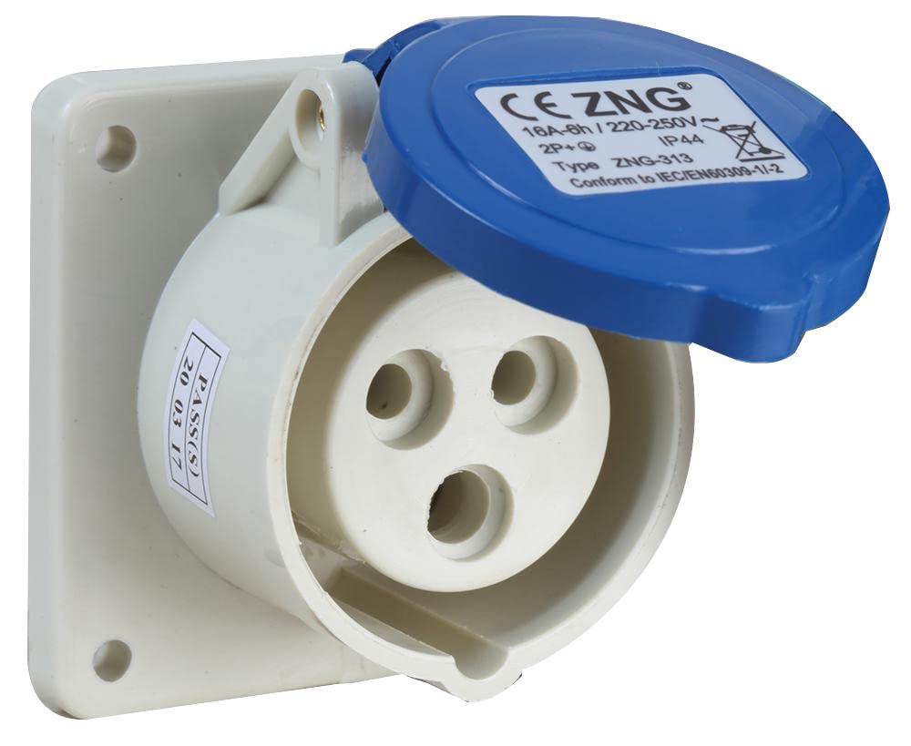 Pro Elec Blue 16A, 230V, Panel Mount Cee Socket, 2P+E, Ip44