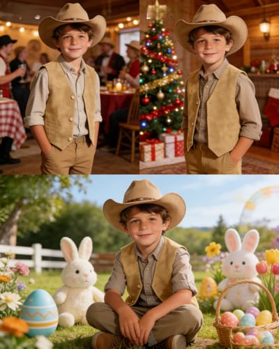Image of Retro Boys Western Cowboy Vest for Kids Leather Suede Waistcoat | vintage dress vests, welt pockets, v-neck, adjustable waist, formal slim fit, wedding outfit, farm christmas birthday prom