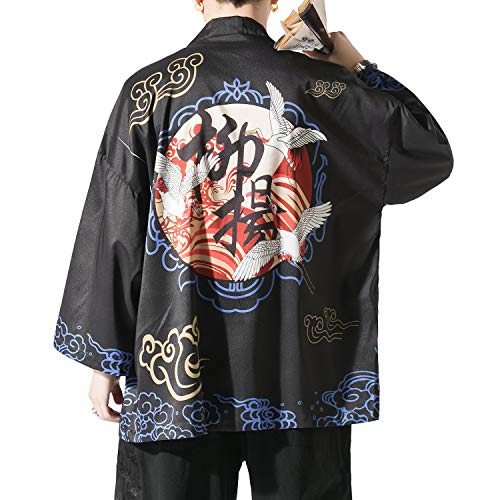 Image of Men's Japanese Kimono Robe Jacket Lightweight 3 /4 Sleeve Open Front Yukata | Silky Smooth Fashion Print Happi Coat Lightweight Breathable Loose Unisex Haori Casual Summer Cardigan Daily Beach Vacation