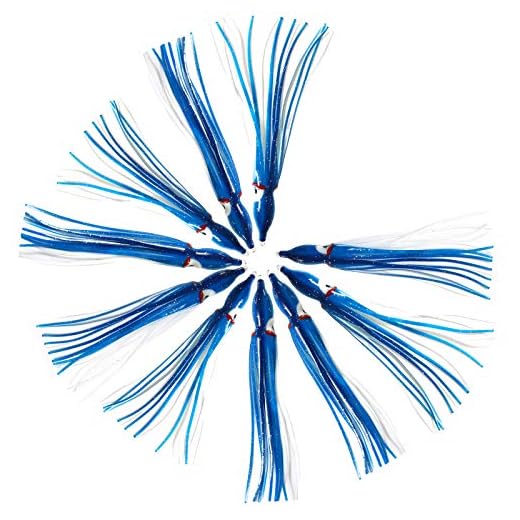 Fish WOW! 50pcs Blue White Squid Skirt 4-3/4 inch Hoochie Octopus Squid 12cm Fishing Trolling Soft Lure PVC Plastics Replacement Lures Easy to use