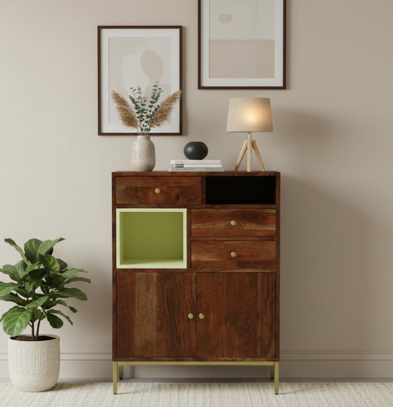 Image of Kalki Solid Wood Chest of Drawers | Solid Wood 3-Drawer Chest | Storage Cabinet | Elegant Storage Drawer Unit - 3-Drawer | Finish - Tubaq & Off White
