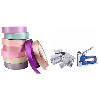 Diy Crafts 4 cm Grosgrain Satin Ribbons Christmas Party Decoration DIY Bow Craft Ribbons Card Gifts, Pack of 25 Yards, Mixed (Multicolor) + Diy Crafts 11305 7171 Staple Gun with Staples, Multicolor