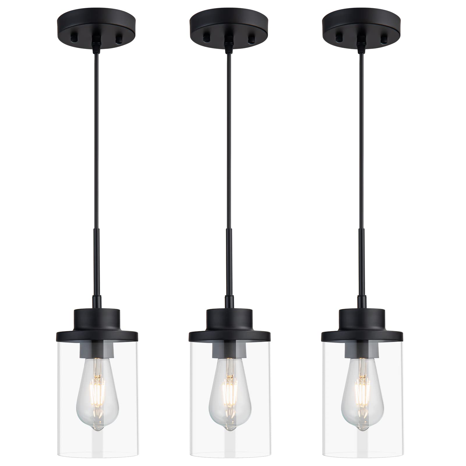 DALIVOL Modern Black Farmhouse Clear Glass Cylinder Pendant Light Fixture, Single Hanging Pendant Lighting for Kitchen Island, Dining Room, Bedroom & Hallway(3 Packs)