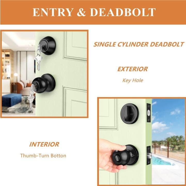 Probrico Black Keyed Alike Entry Knobs Front Door Locks Exterior Lockset and Single Cylinder Deadbolt Combination Set, 2 Pack