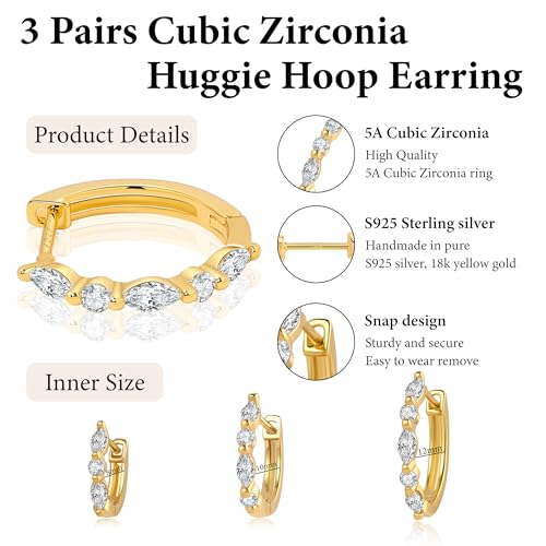 3/5 Pairs Cubic Zirconia Huggie Hoop Earring for Women 925 Sterling Silver Small Hoop Earrings 18K Gold Plated Hypoallergenic Small Huggie Hoop Earrings Set for Women4
