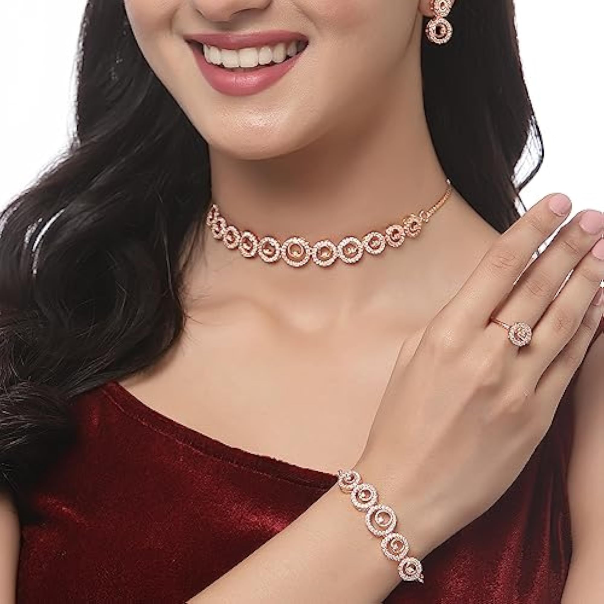 Cubic Zirconia Choker Necklace Set Ring Bracelet With Earring Pack 4