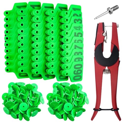 WMYCONGCONG 1-100 Number Plastic Livestock Cow Cattle Ear Tag Animal Tag Green and 1pcs Ear Tag Applicator