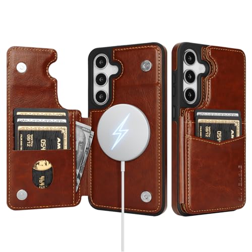 SkyEagle Compatible with Magsafe for Samsung Galaxy S25 Plus Wallet Case with Card Holder,Women Men Phone Case PU Leather Kickstand Flip Protective Cover Credit Card Slots,for Galaxy S25 Plus,Brown