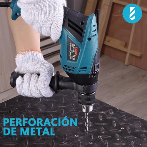 TEENO Taladro percutor con cable 710W con 20 accesorios, perilla de velocidad variable,Velocidad Variable 0-2.800 rpm， mango auxiliar giratorio de 360° y Maletín