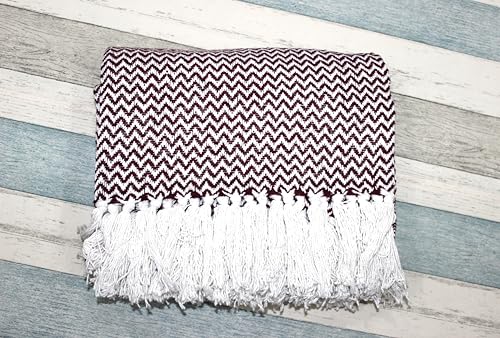 Image of Chevron 60X50 Inch Reversible Cotton Throw Blanket With Tassels| Blanket For Living Room, Sofa, Bed, Chair, Picnic & Used For Gift | Maroon Narrow Chevron, Size 150X125 Cm, 300 tc